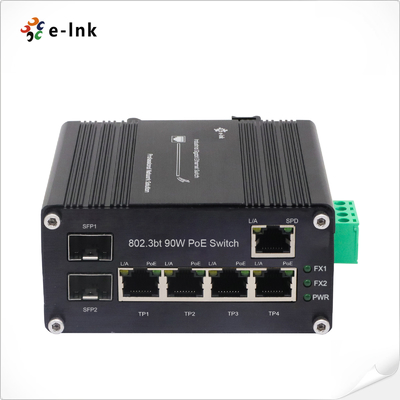 Industrial Unmanaged 4 Port 802.3bt 90W PoE Switch ด้วย 1-Port RJ45 และ 2-Port SFP Fiber